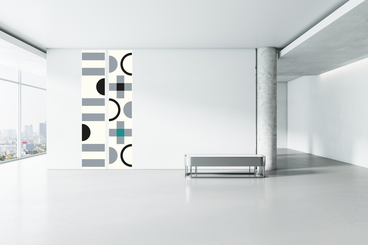 "BLACK" - Textiltryckt unik konst i ull grått, turkost och svart i ett geometriskt formspråk.