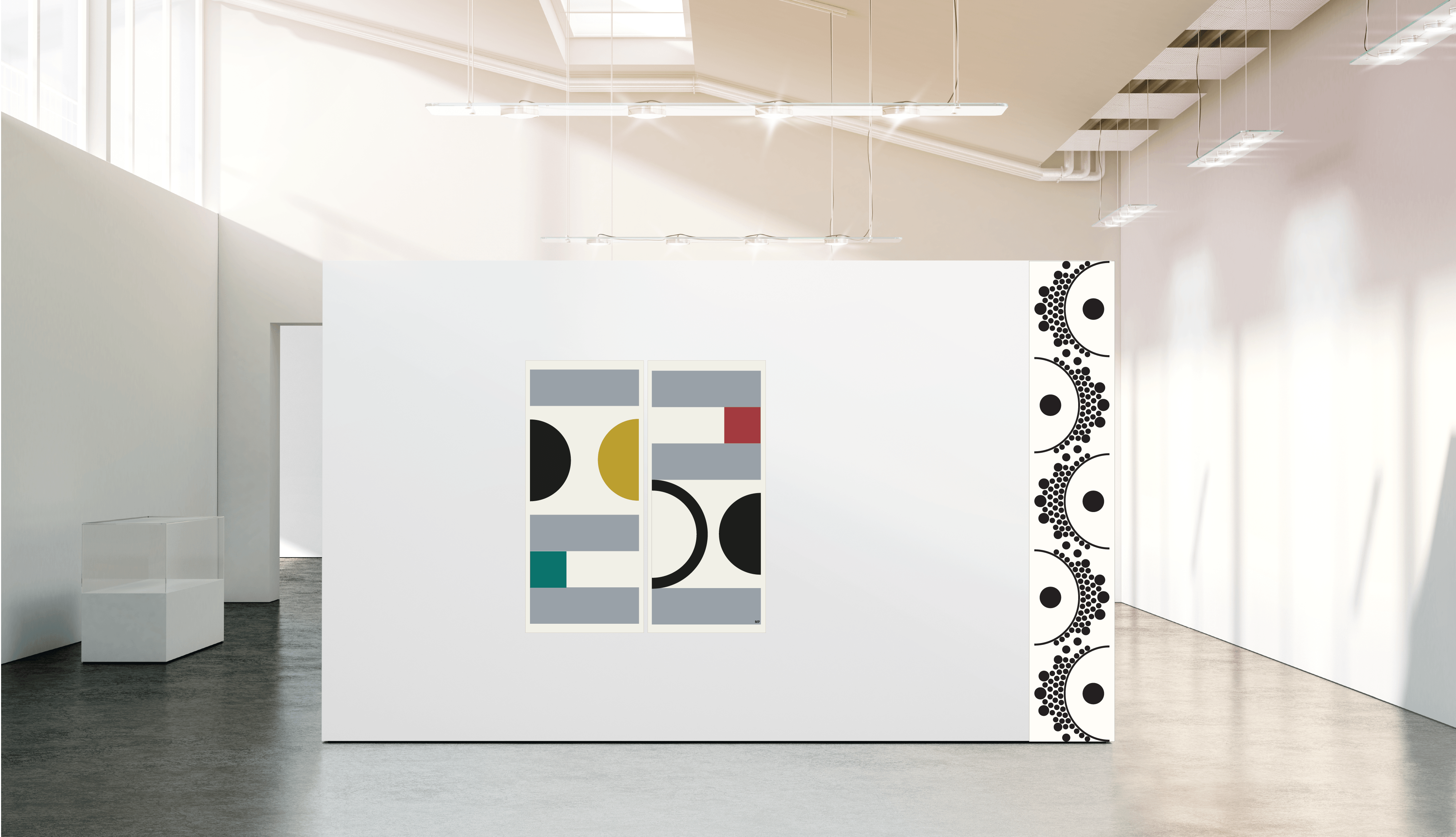 "DÄR & OM" - Textiltryckt unik konst i ull grått, turkost och svart i ett geometriskt formspråk.